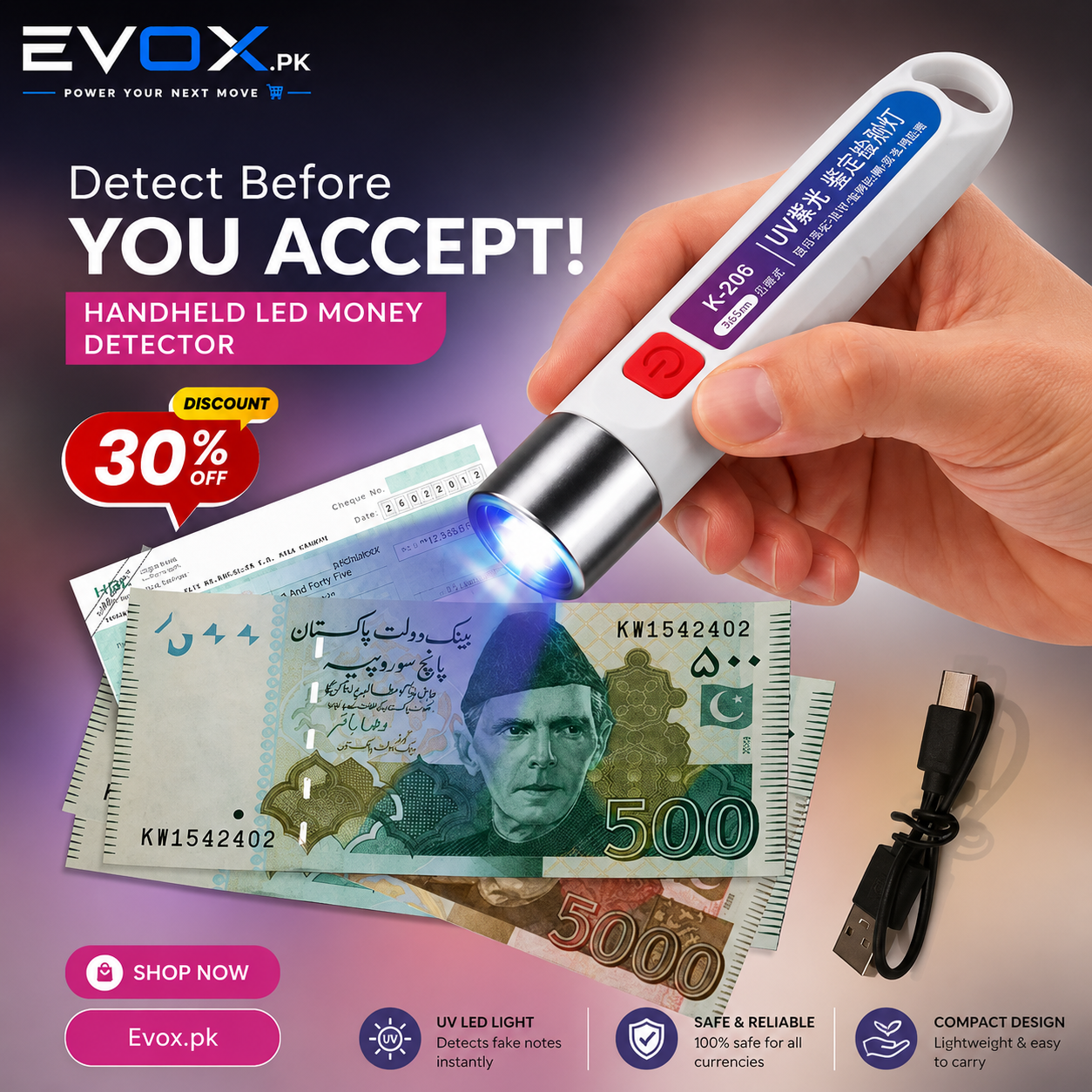 Money Detector LED Light Rechargeable UV Fake Note Checker – Evox