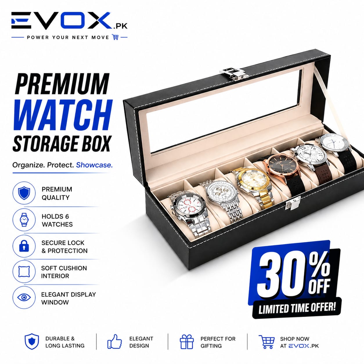 6 Slots Premium Watch Organizer Box – Elegant Watch Storage Leather Case